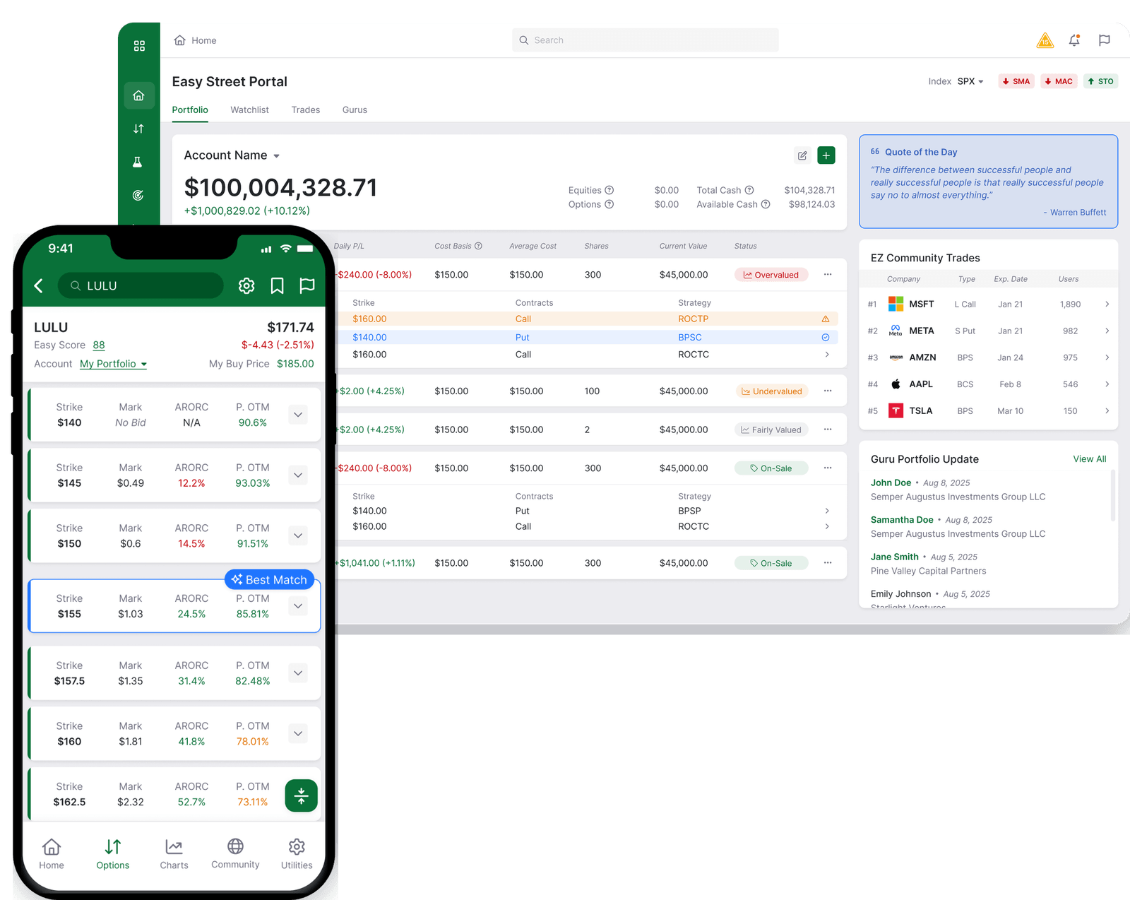 Easy St app on a phone next to the Easy Street Portal dashboard